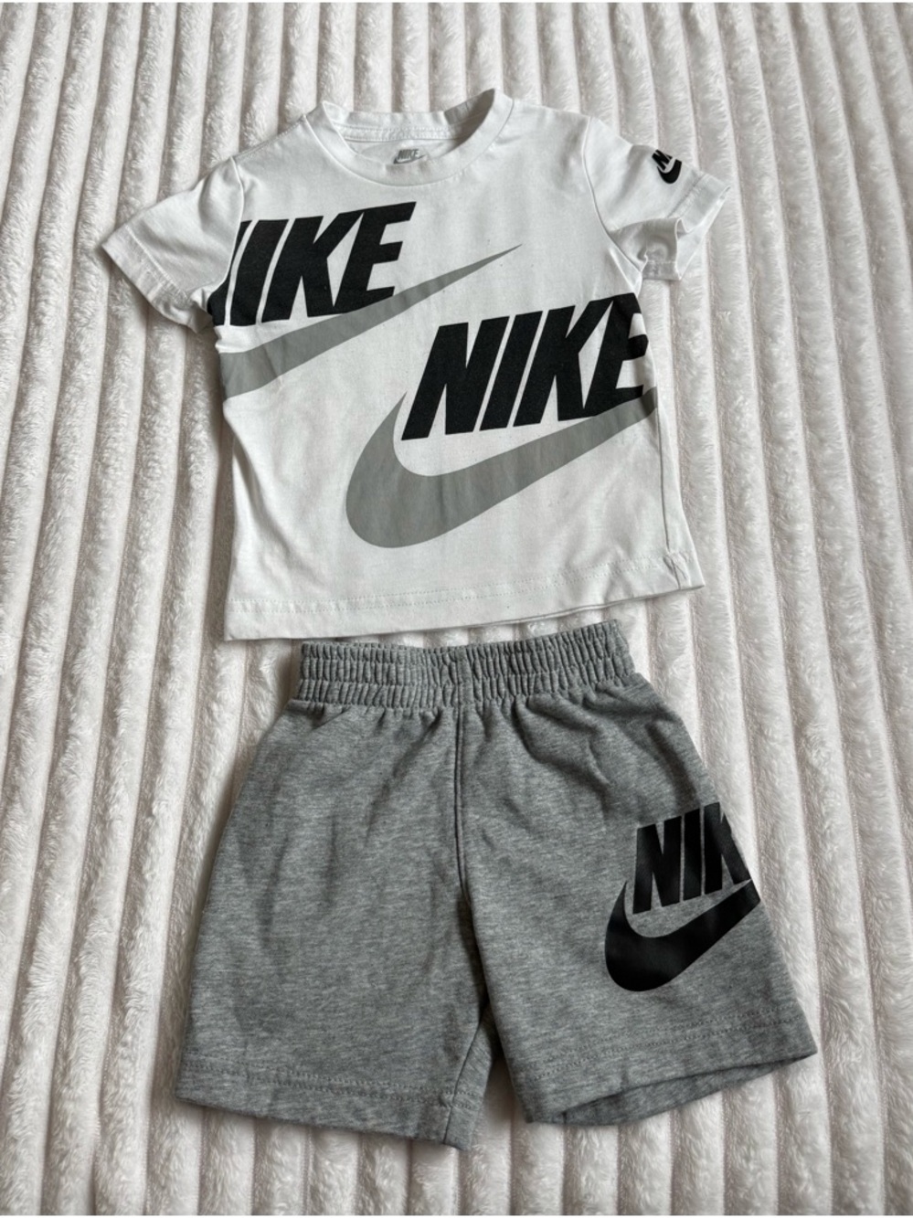 Nike White Tee & Gray Logo Shorts Kids Matching Set